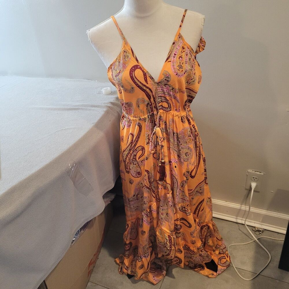 RAGA LEENA HI LOW SLEEVELESS TIERED FLORAL HALTER MAXI DRESS BURNT ORANGE Medium